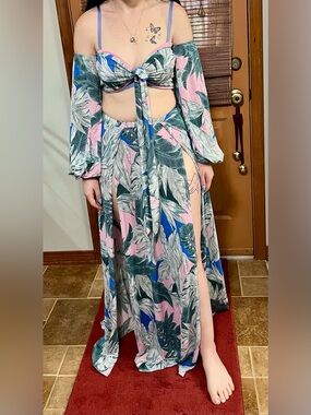 Good Time USA Dyna Dior Tropical Leaf Two-Piece Maxi Set in Pink, Green & Blue